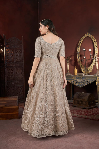 Beige Embroidery and Zarkan Ready To Wear Gown With Dupatta