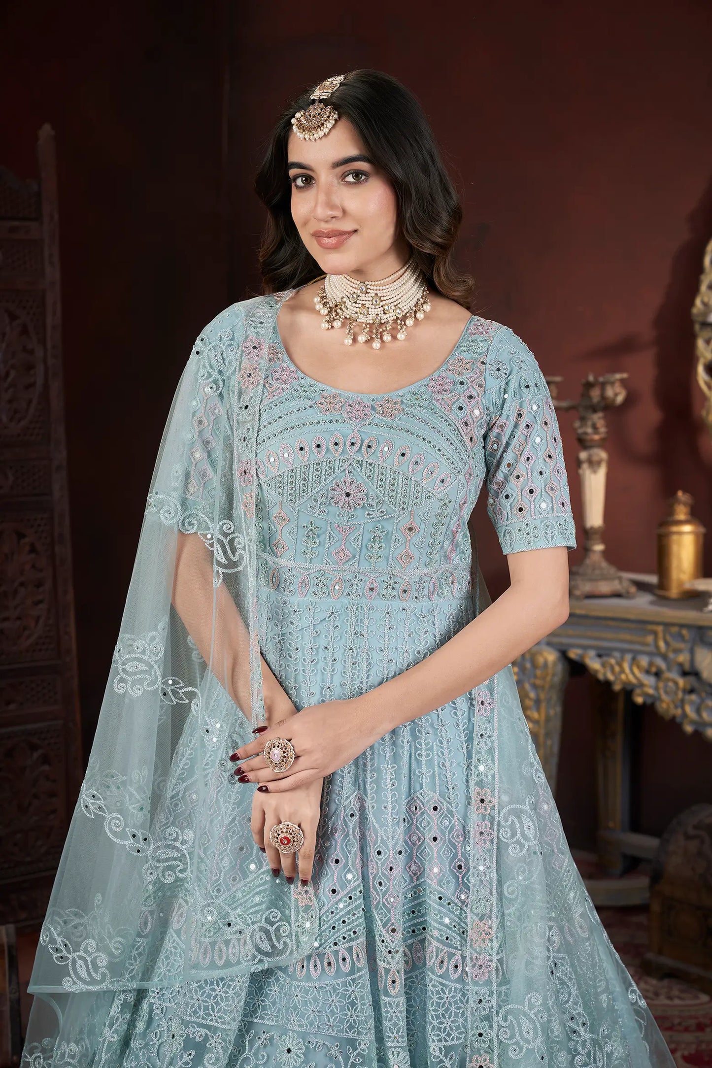 Sky Embroidery and Zarkan Ready To Wear Gown With Dupatta