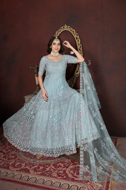 Sky Embroidery and Zarkan Ready To Wear Gown With Dupatta