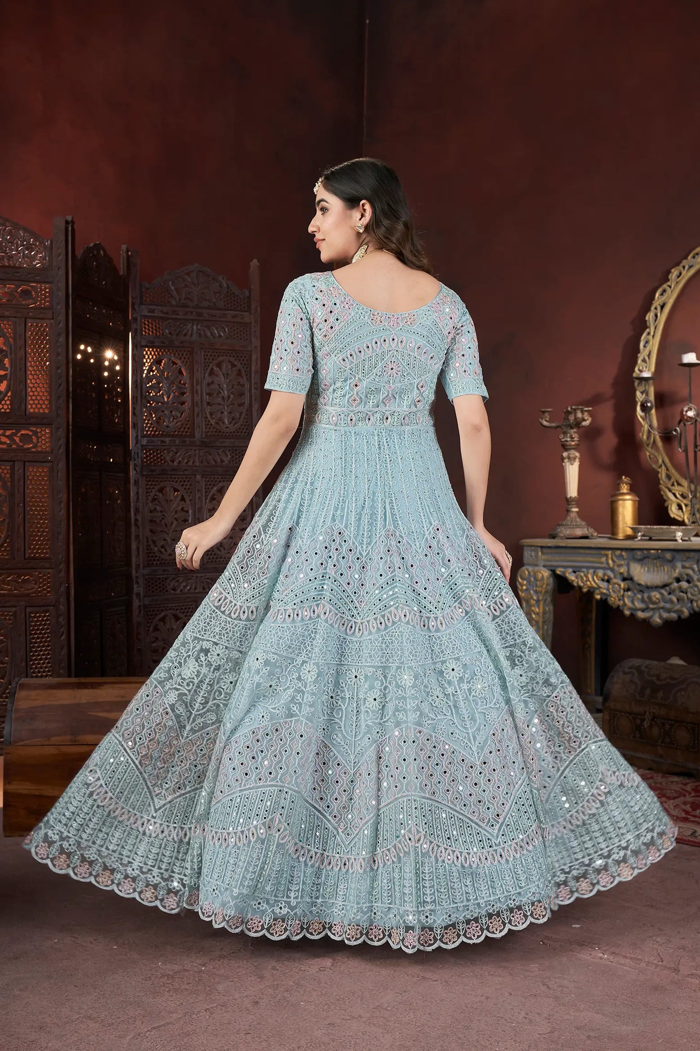 Sky Embroidery and Zarkan Ready To Wear Gown With Dupatta