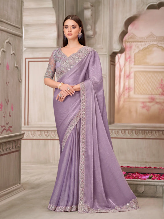 Lavender Chiffon Silk Party Wear Saree With Sequence & Thread Embroidery Work