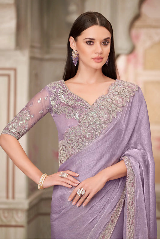 Lavender Chiffon Silk Party Wear Saree With Sequence & Thread Embroidery Work