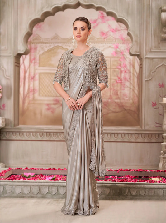 Pearl Grey Georgette Party Wear jacket Saree With Sequence & Thread Embroidery Work