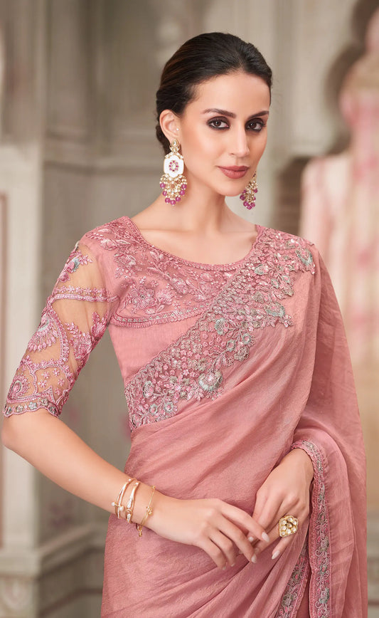 Powder Pink Satin Georgette Party Wear Saree With Sequence & Thread Embroidery Work
