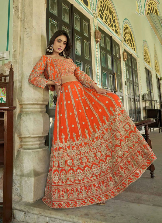 Designer Deep Orange Heavy Embroidery Work Lehenga With Koti