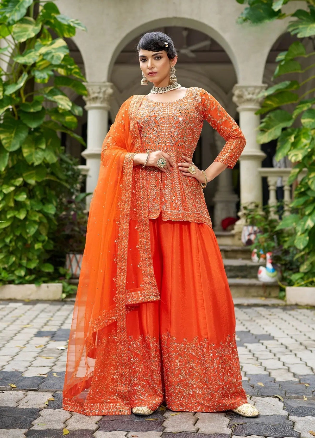 Bright Orange Chinon Mirror Work Salwar Suit