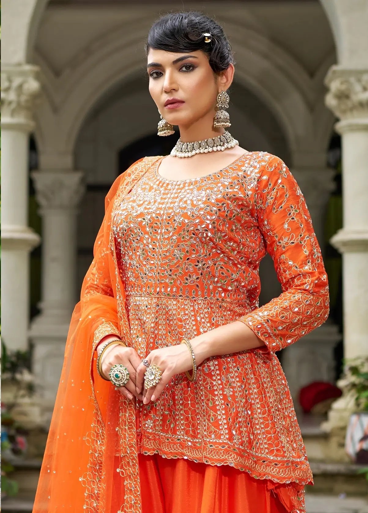 Bright Orange Chinon Mirror Work Salwar Suit