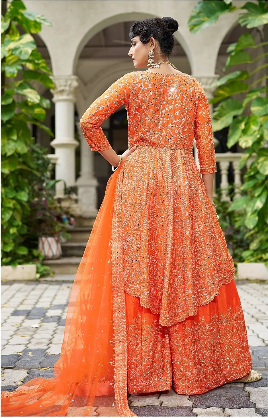 Bright Orange Chinon Mirror Work Salwar Suit