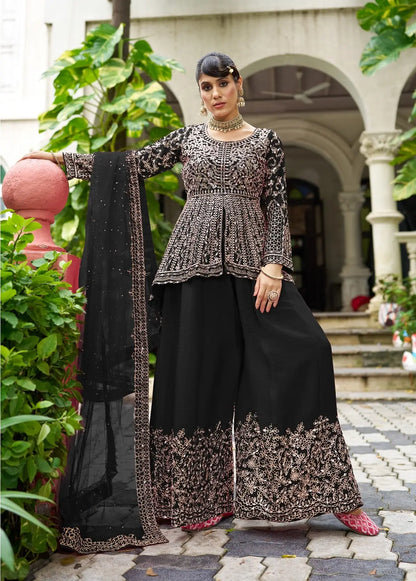 Smoky Black Chinon Mirror Work Salwar Suit