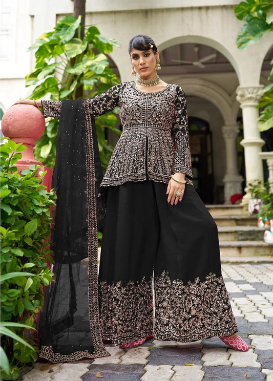Smoky Black Chinon Mirror Work Salwar Suit