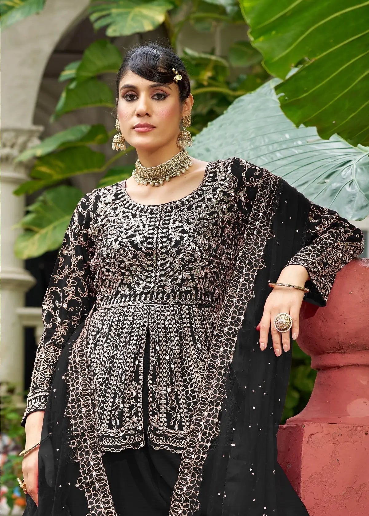 Smoky Black Chinon Mirror Work Salwar Suit