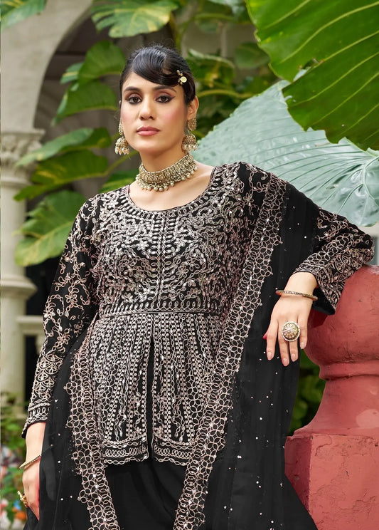 Smoky Black Chinon Mirror Work Salwar Suit