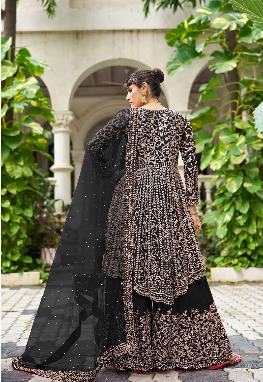 Smoky Black Chinon Mirror Work Salwar Suit
