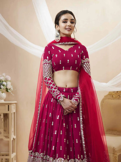 Hot Pink georgette Lehenga With Sequence And Zari Embroidery Work With Dupatta