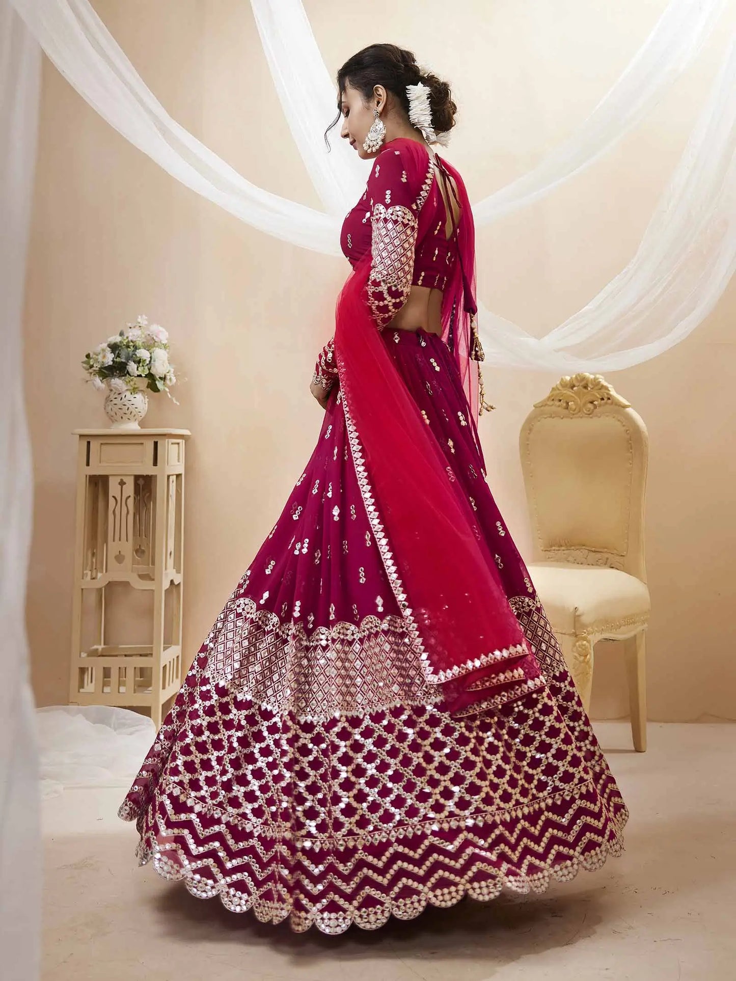 Hot Pink georgette Lehenga With Sequence And Zari Embroidery Work With Dupatta