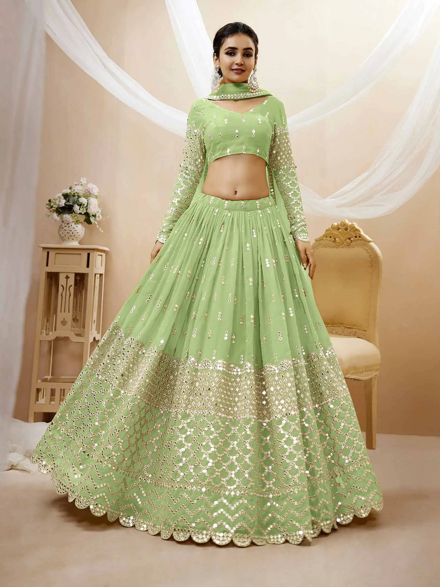 Pista Georgette Lehenga  With Sequence Embroidery Work With Soft Net Dupatta