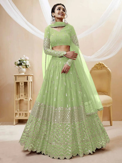 Pista Georgette Lehenga  With Sequence Embroidery Work With Soft Net Dupatta