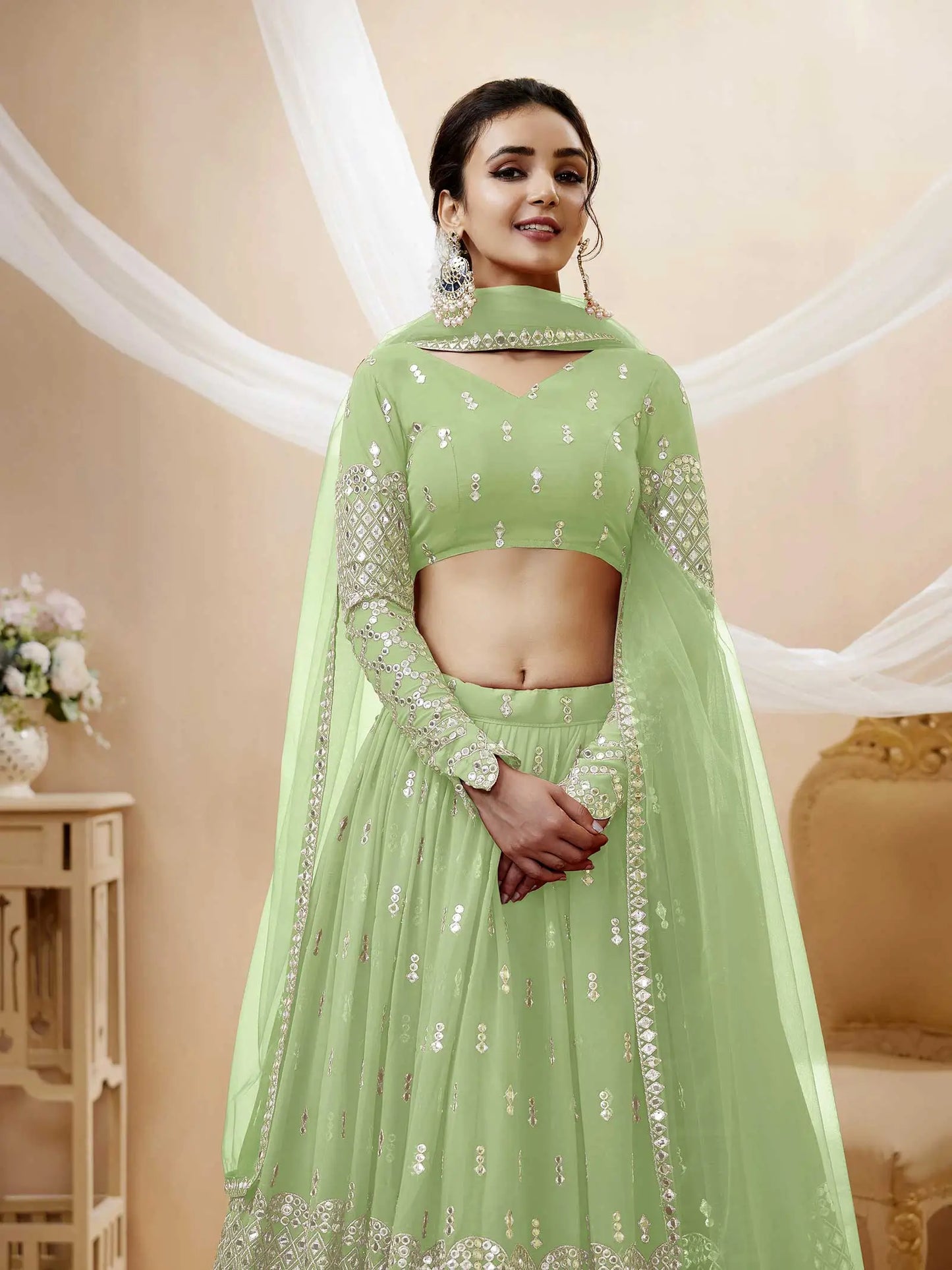 Pista Georgette Lehenga  With Sequence Embroidery Work With Soft Net Dupatta