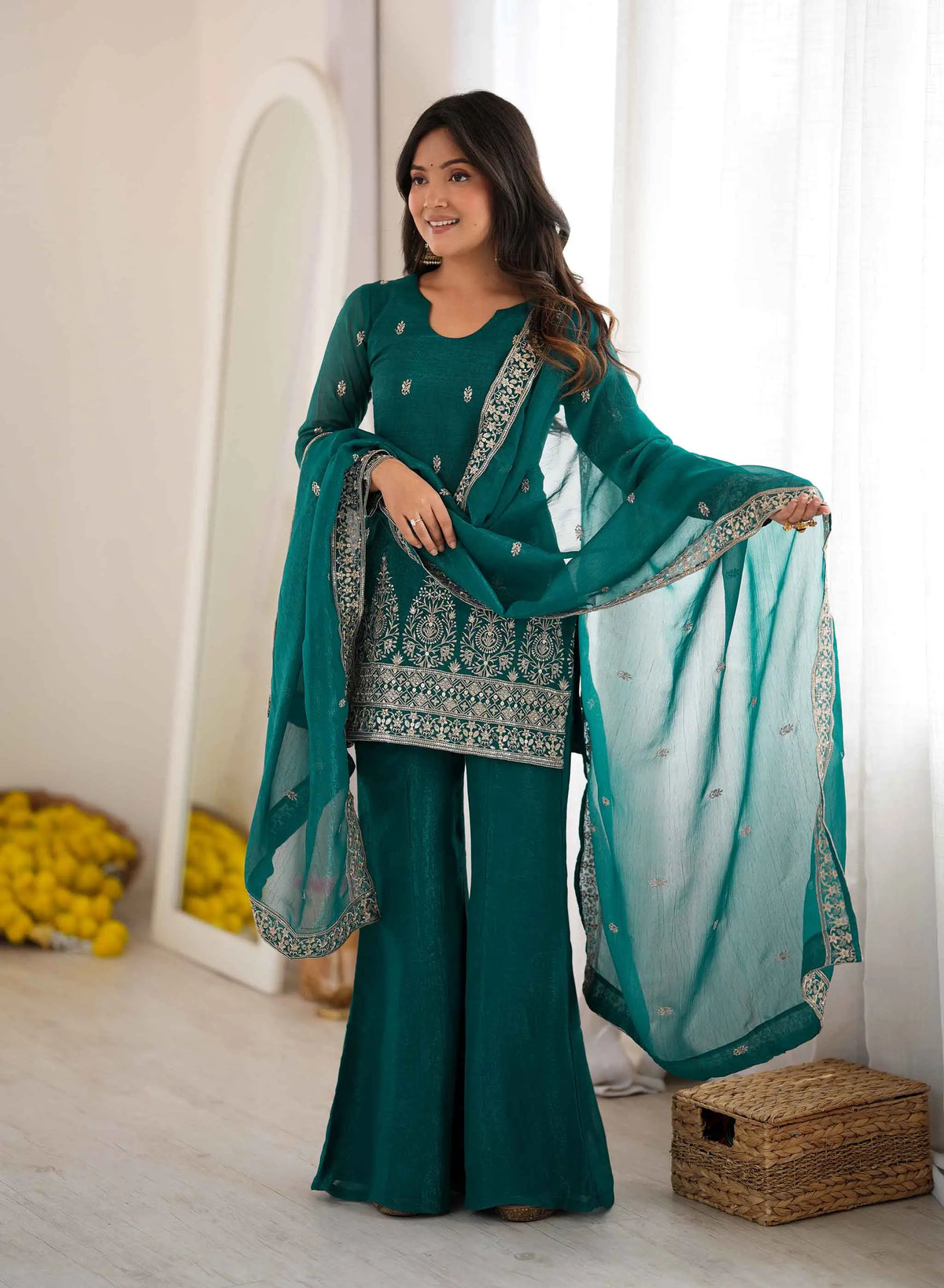 Teal Blue Silk Embroidered Salwar Suit