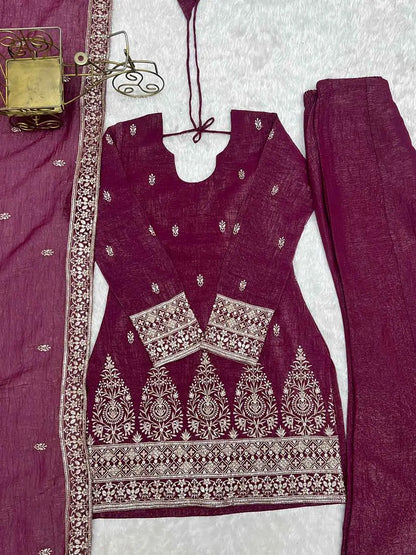 Burgundy Silk Embroidered Salwar Suit
