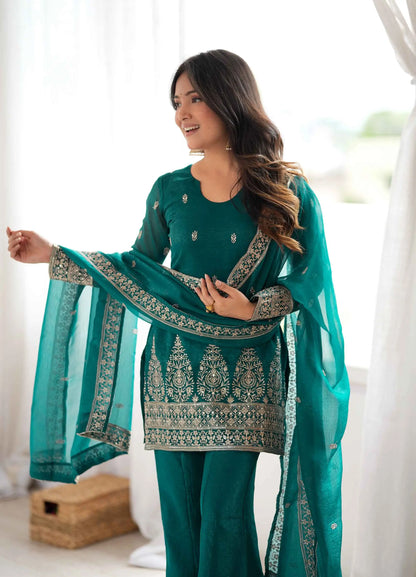 Teal Blue Silk Embroidered Salwar Suit