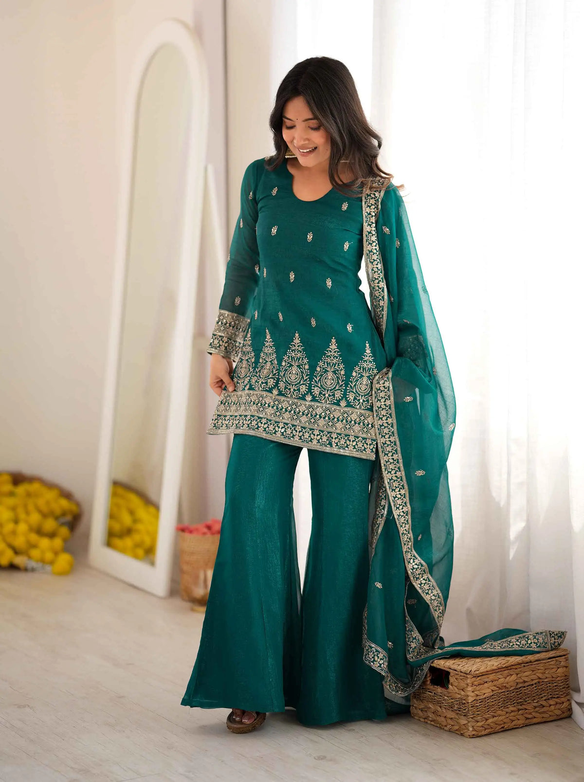 Teal Blue Silk Embroidered Salwar Suit
