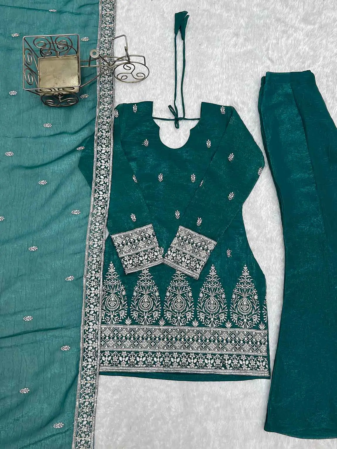 Teal Blue Silk Embroidered Salwar Suit