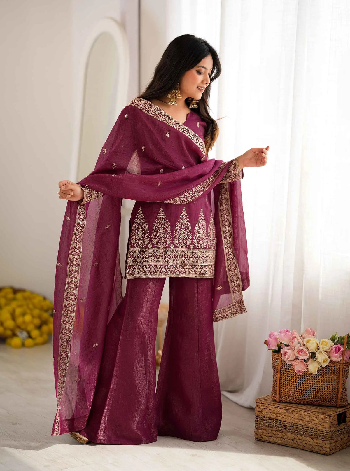 Burgundy Silk Embroidered Salwar Suit