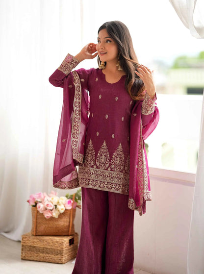 Burgundy Silk Embroidered Salwar Suit