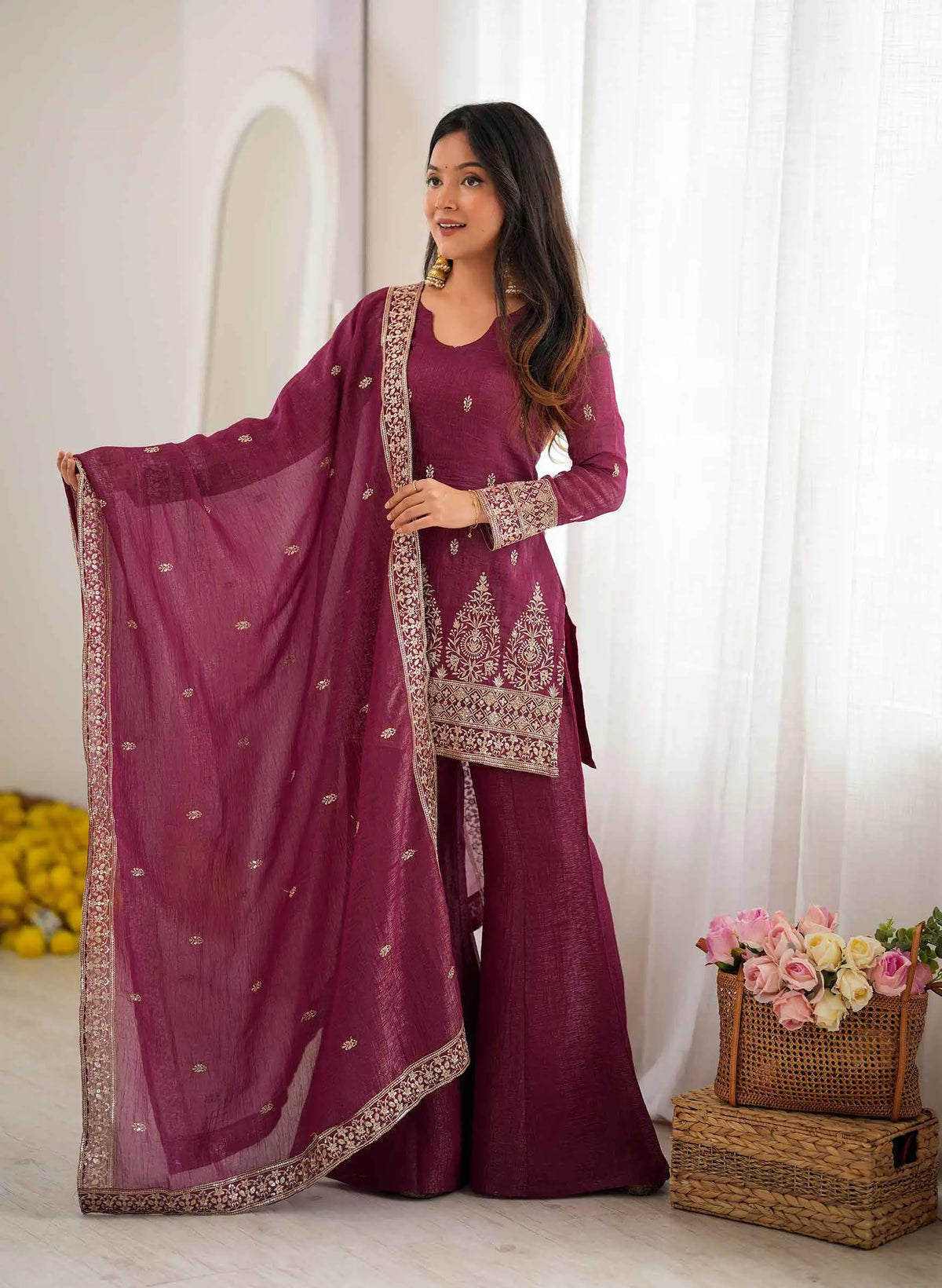 Burgundy Silk Embroidered Salwar Suit