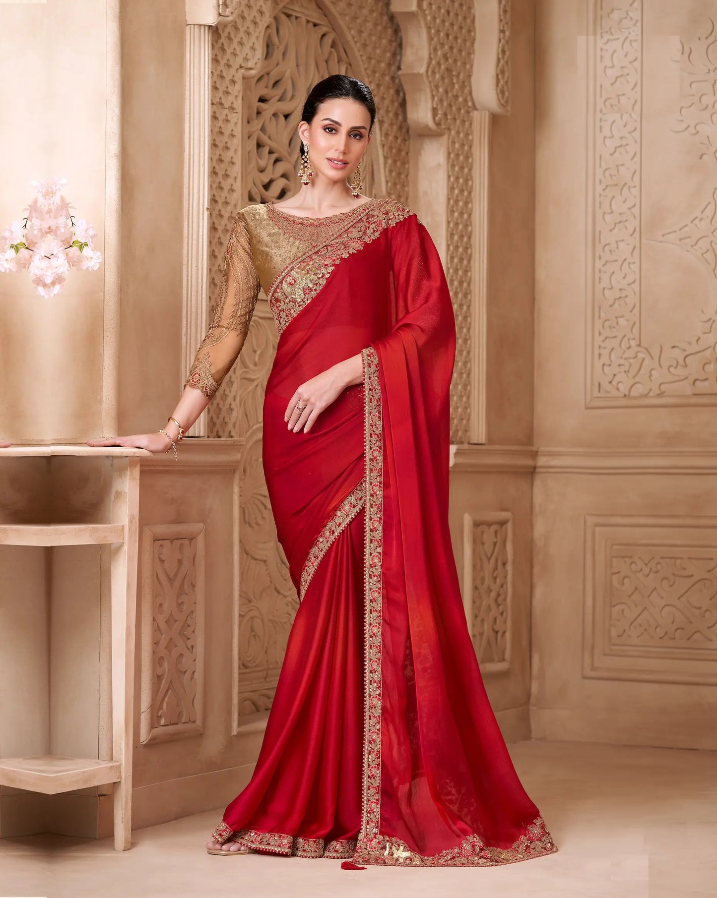 Blooming Red Satin Silk Embroidery Party Wear Saree