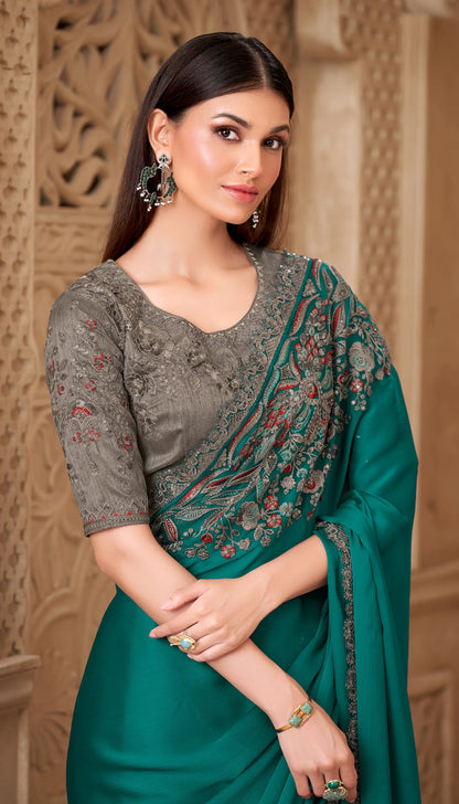 Teal Blue Satin Silk Embroidery Party Wear Saree