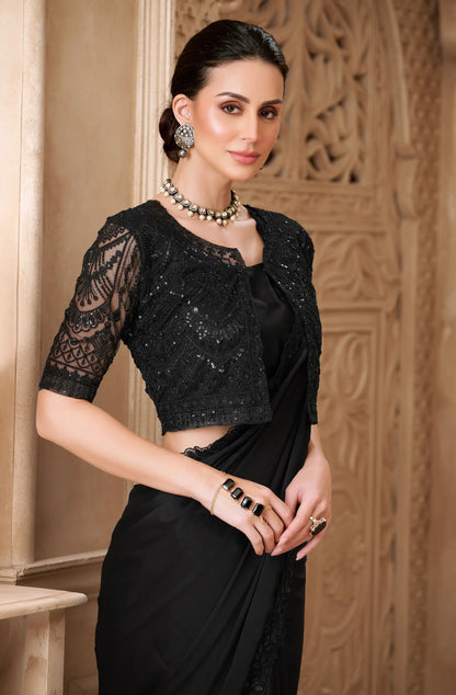 Black Satin Georgette Embroidery Party Wear Jacket Saree