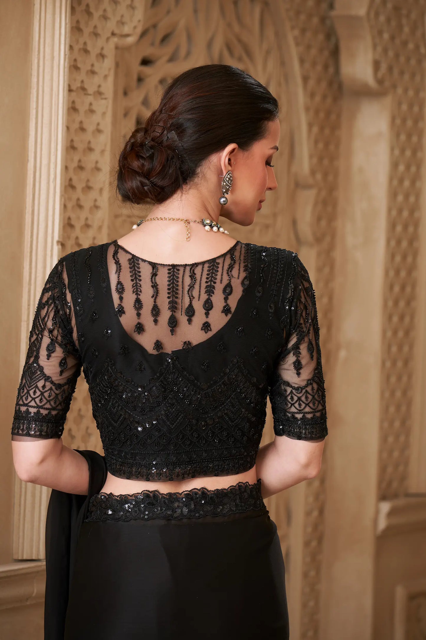 Black Satin Georgette Embroidery Party Wear Jacket Saree