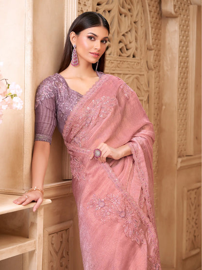Salmon Pink Crush Georgette Embroidery Party Wear Saree