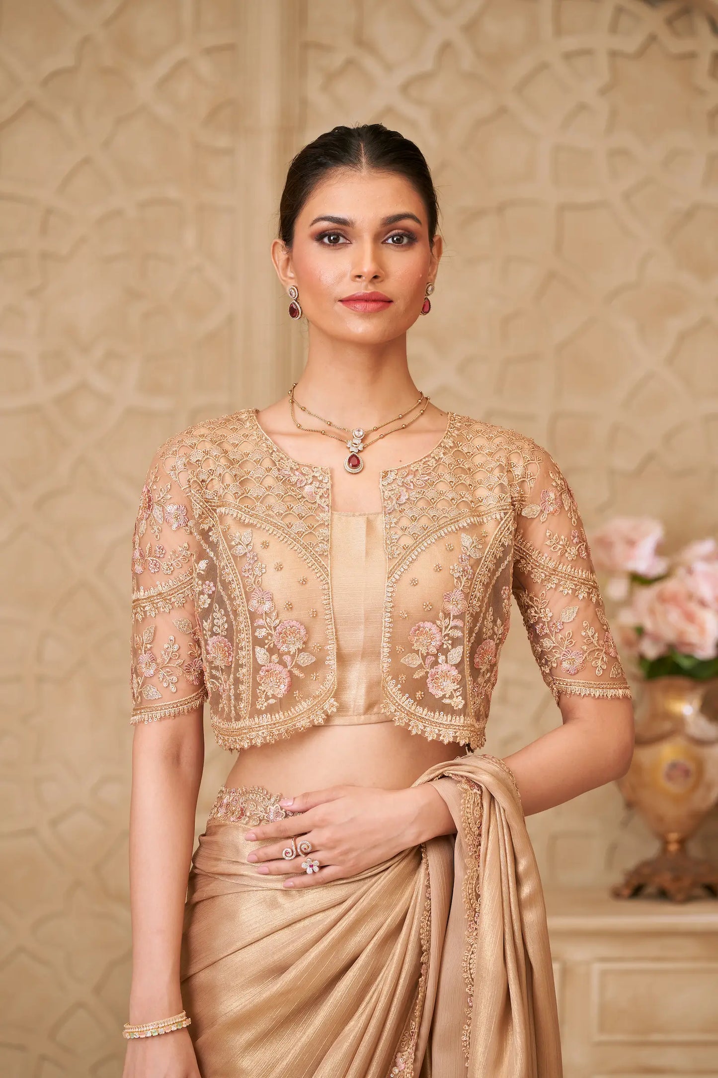 Golden Shimmer Georgette Embroidery Party Wear Jacket Saree