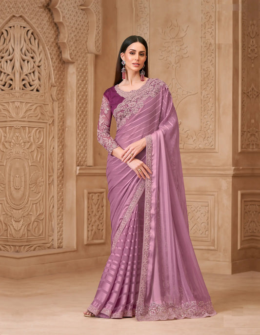 Onion Pink Pattern Georgette Embroidery Party Wear Saree