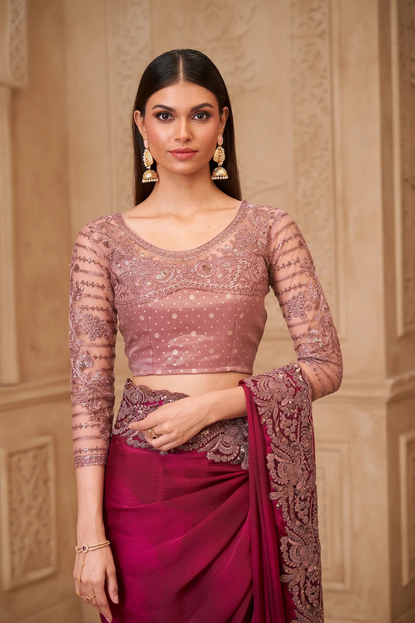 Wine Red Satin Georgette Embroidery Party Wear Saree