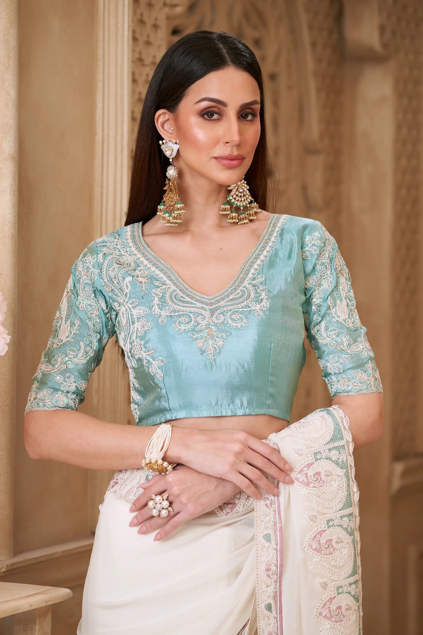 Powder White Georgette Silk Embroidery Party Wear Saree