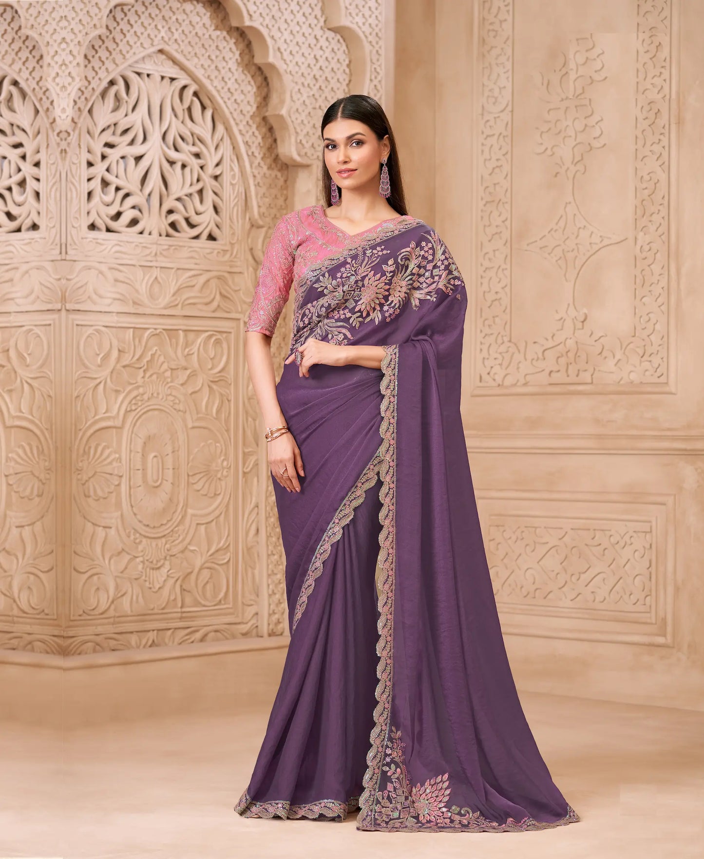 Dusty Purple Sparkle Georgette Embroidery Party Wear Saree