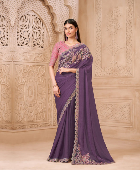Dusty Purple Sparkle Georgette Embroidery Party Wear Saree