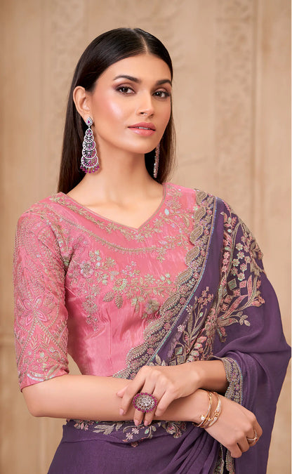 Dusty Purple Sparkle Georgette Embroidery Party Wear Saree