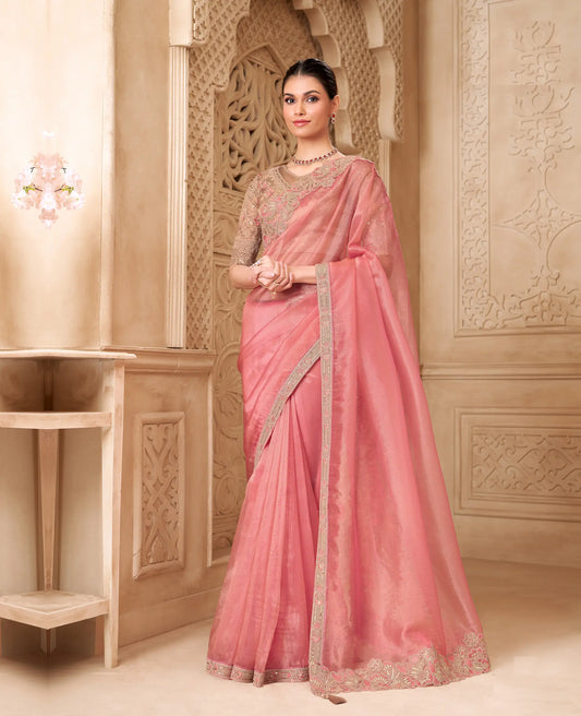 Sea Pink Tissue Georgette Embroidery Party Wear Saree