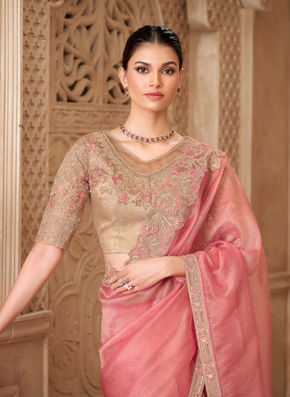 Sea Pink Tissue Georgette Embroidery Party Wear Saree