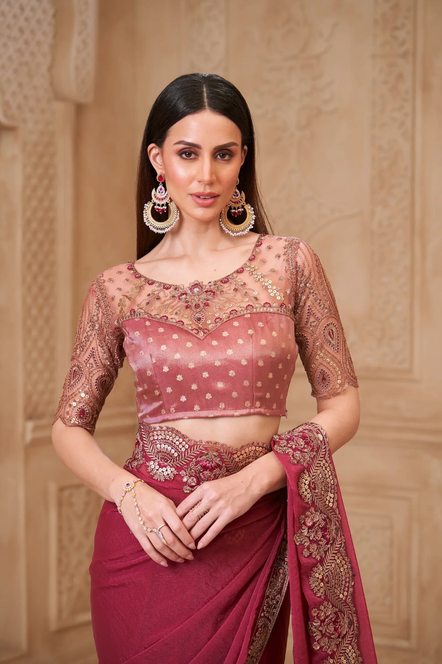 Brick Red Georgette Embroidery Party Wear Saree