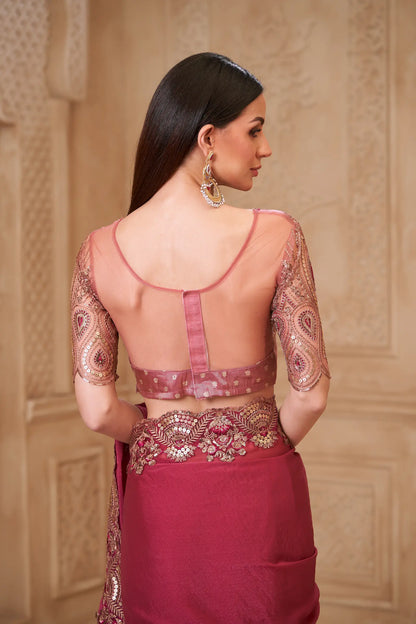 Brick Red Georgette Embroidery Party Wear Saree