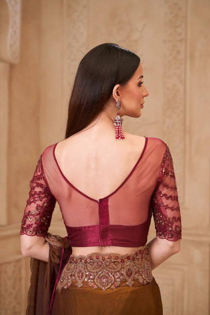 Golden brown Satin Georgette Embroidery Party Wear Saree