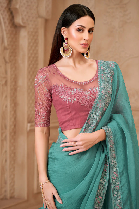 Dusty Teal Crush Georgette Embroidery Party Wear Saree