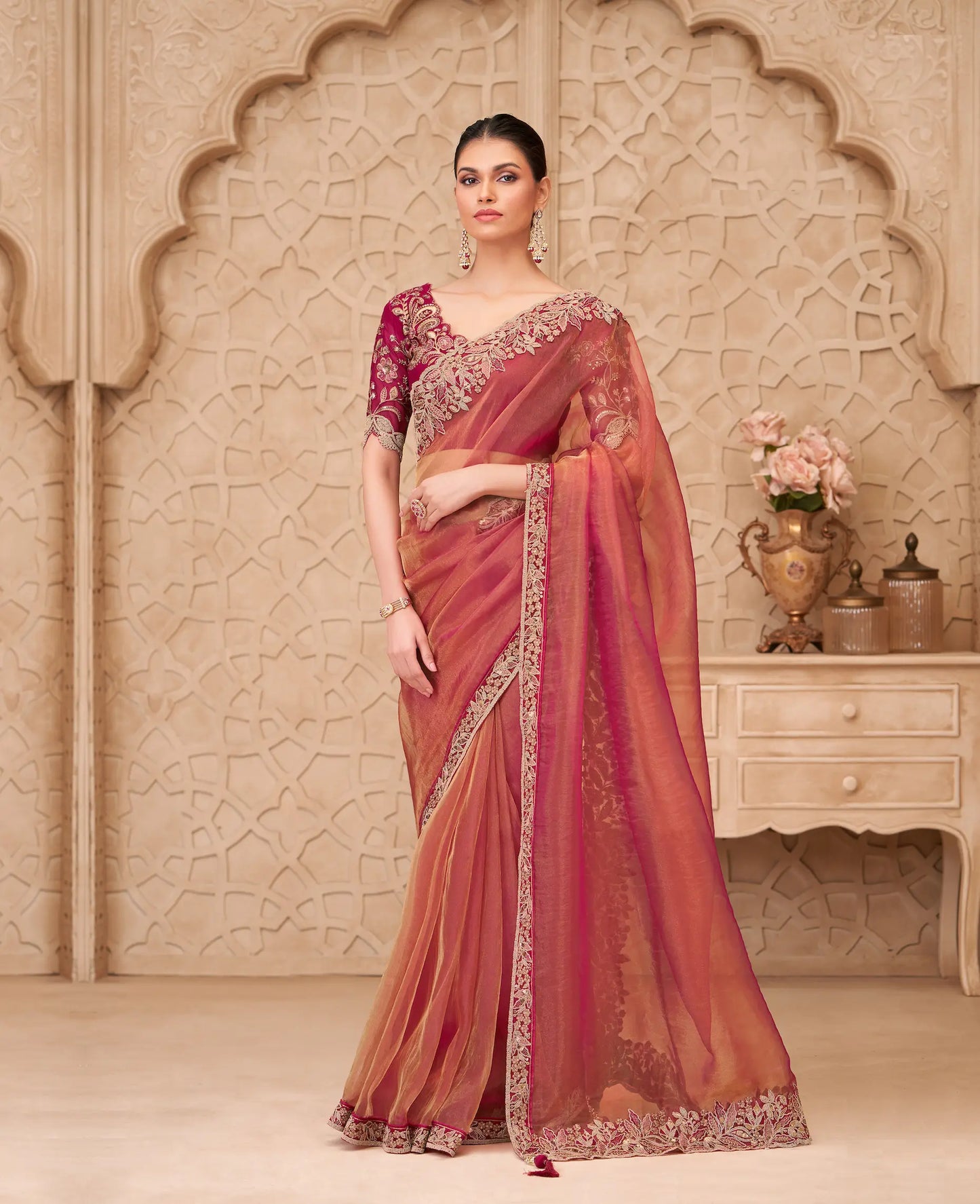 Rust Orange Sparkle Georgette Embroidery Party Wear Saree