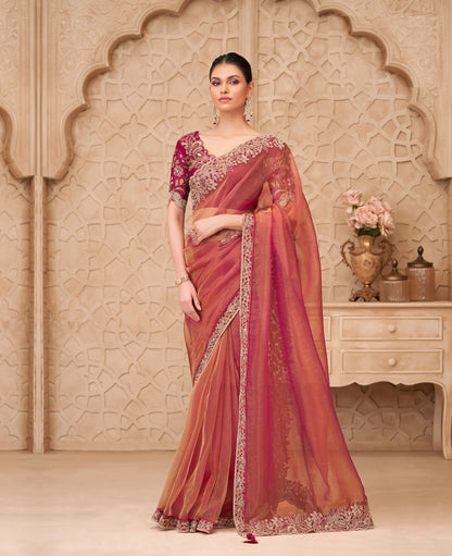 Rust Orange Sparkle Georgette Embroidery Party Wear Saree
